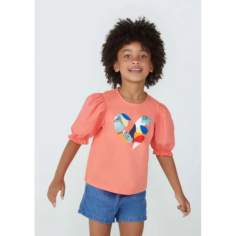 Blusa Infantil Menina Manga Balonê Com Estampa - Laranja 004
