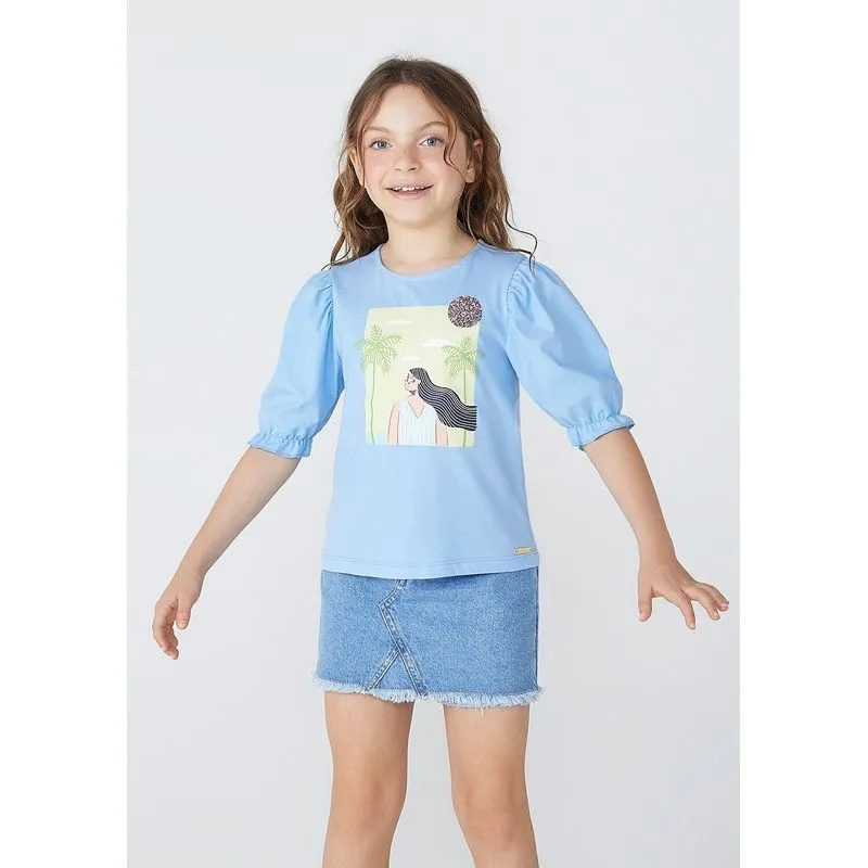 Blusa Infantil Menina Manga Balonê Com Estampa - Azul 016
