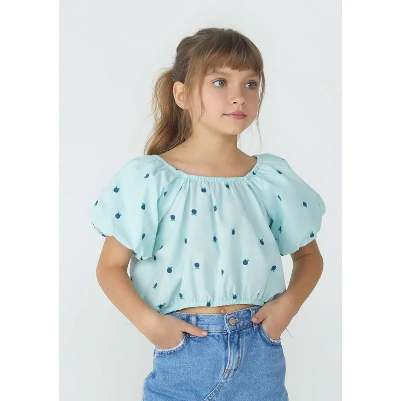 Blusa Infantil Menina Manga Bufante Estampada - Azul 010