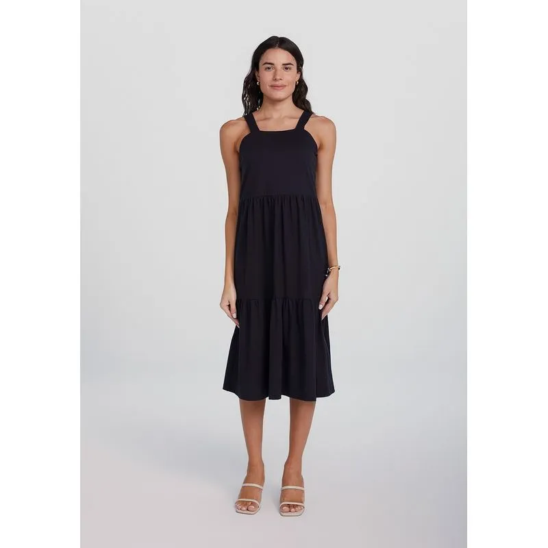 Vestido Midi Decote Reto Com Franzidos - Preto M