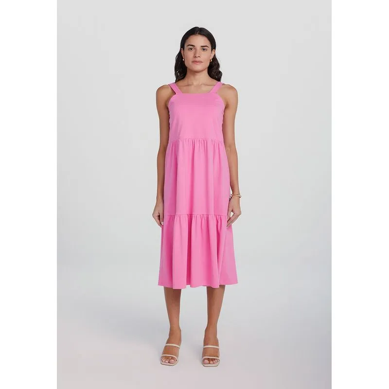 Vestido Midi Decote Reto Com Franzidos - Rosa XG