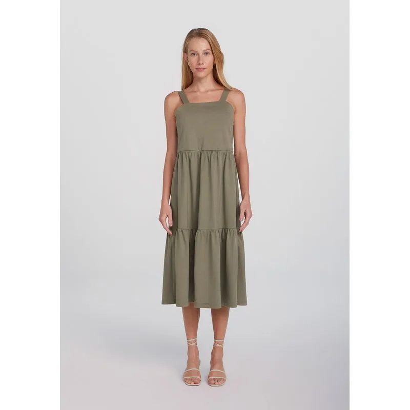 Vestido Midi Decote Reto Com Franzidos - Verde XXG