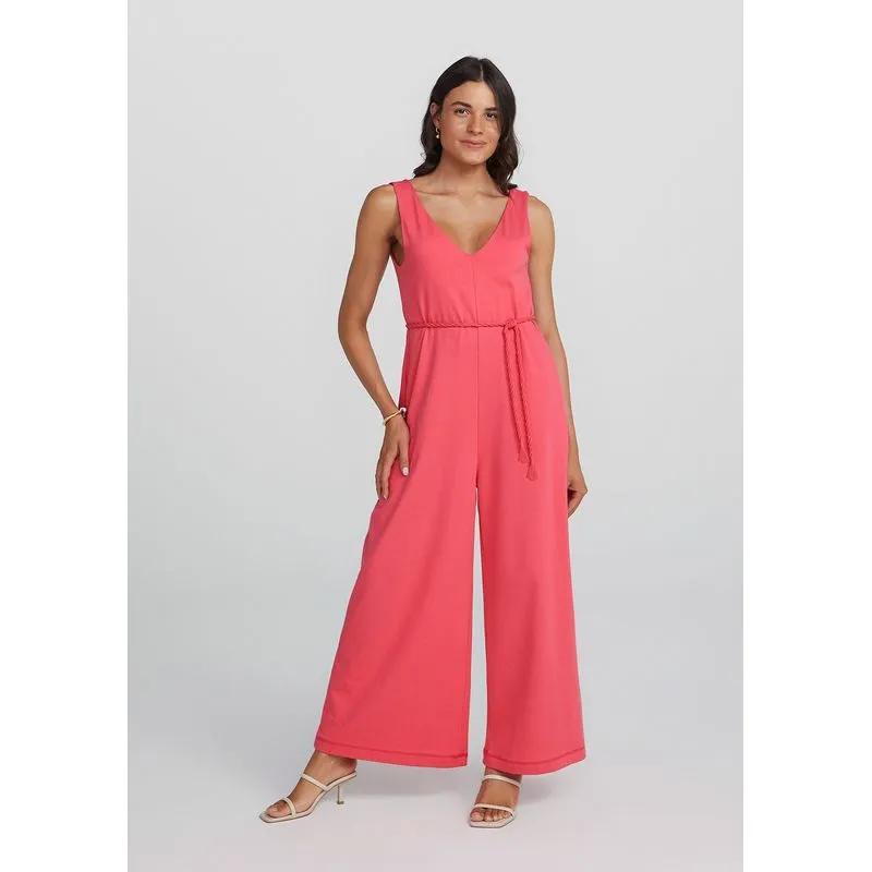 Macacão Feminino Longo Oversized Decote Em V - Rosa G