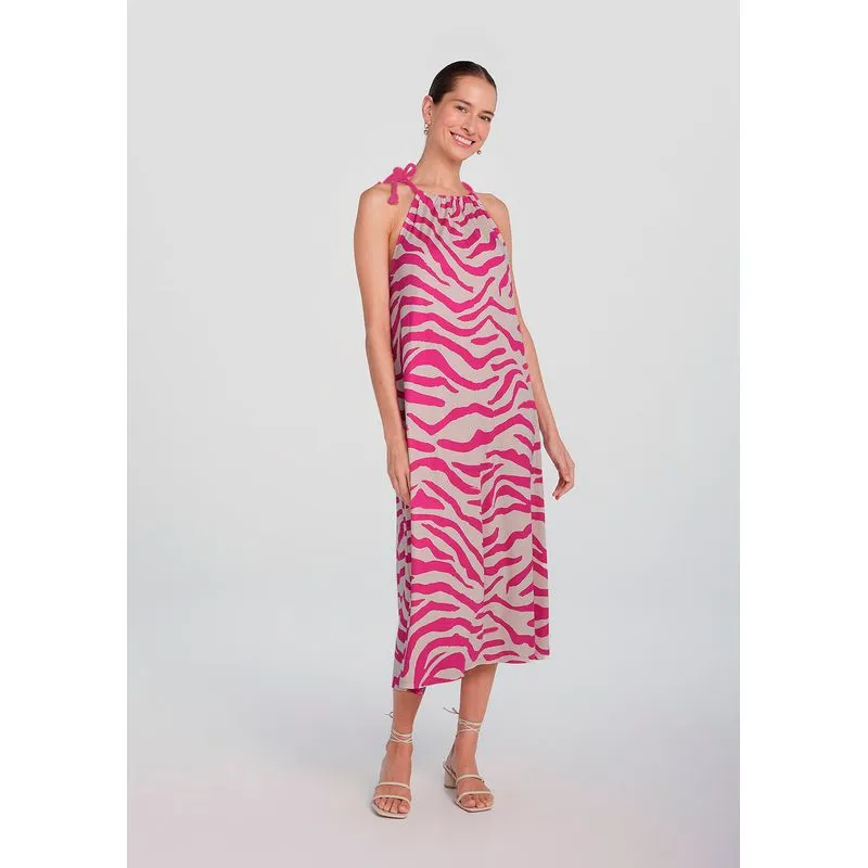 Vestido Midi Estampado Evasê - Rosa P