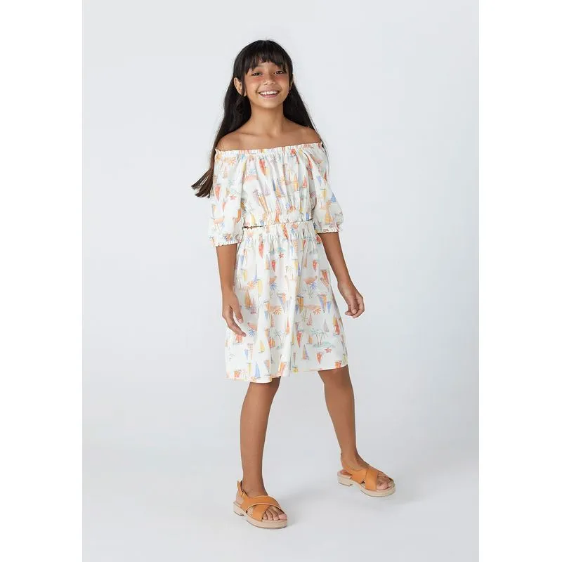 Vestido Infantil Curto Estampado Com Linho - Off white 016