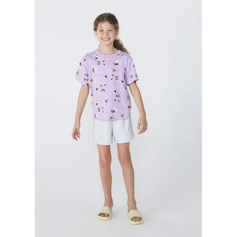 Pijama Infantil Menina Curto Estampado Em Algodão - Roxo 014