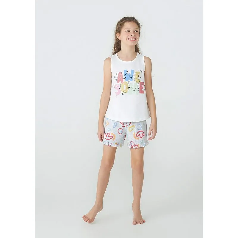 Pijama Infantil Menina Curto Com Estampa E Glitter - Off white 001