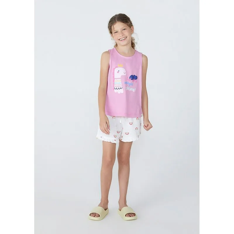 Pijama Infantil Menina Curto Com Estampa E Glitter - Roxo 014