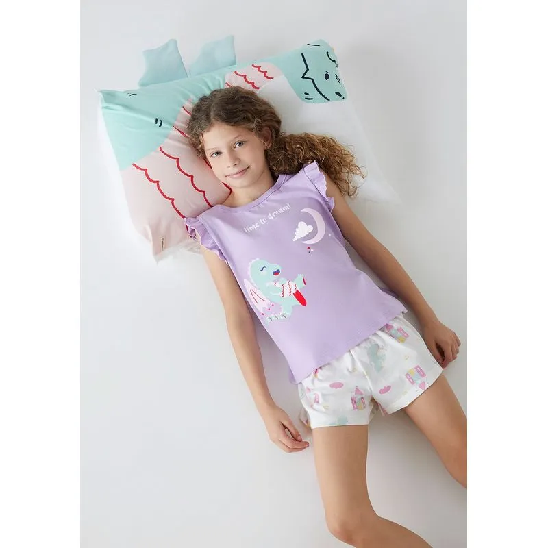 Pijama Infantil Menina Curto Estampado + Fronha - Roxo 012