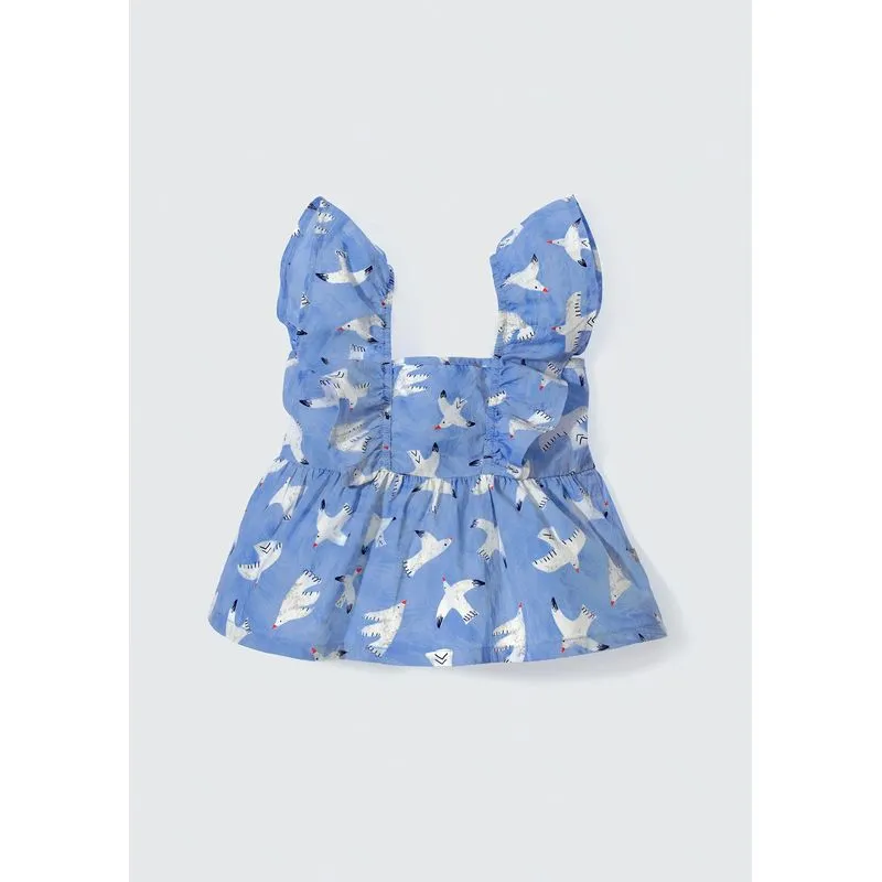 Blusa Infantil Menina Com Babados E Estampa Pássaros Toddler - Azul 001