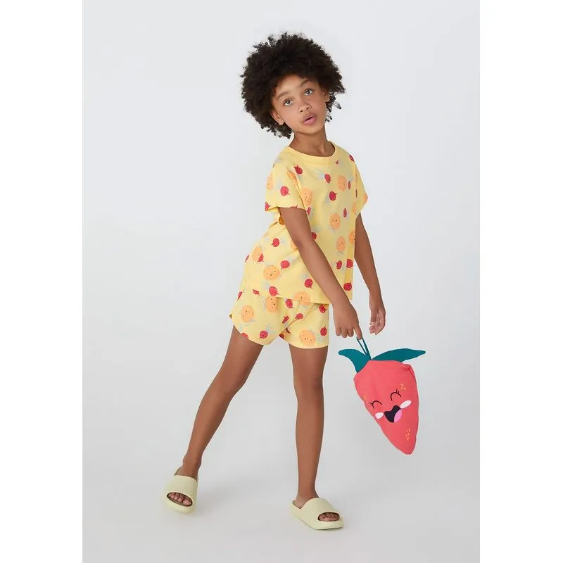 Pijama Infantil Menina Estampado + Porta Pijama - Amarelo 014