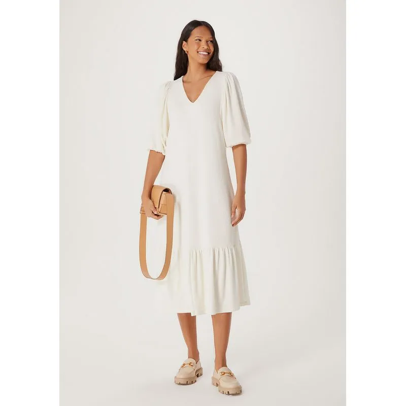 Vestido Midi Manga 3/4 Em Malha Texturizada - Off white XG