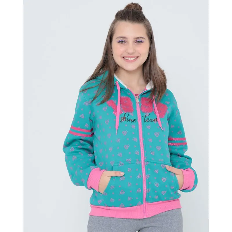 Casaco Juvenil Moletom Zíper Diamante Verde Claro 16