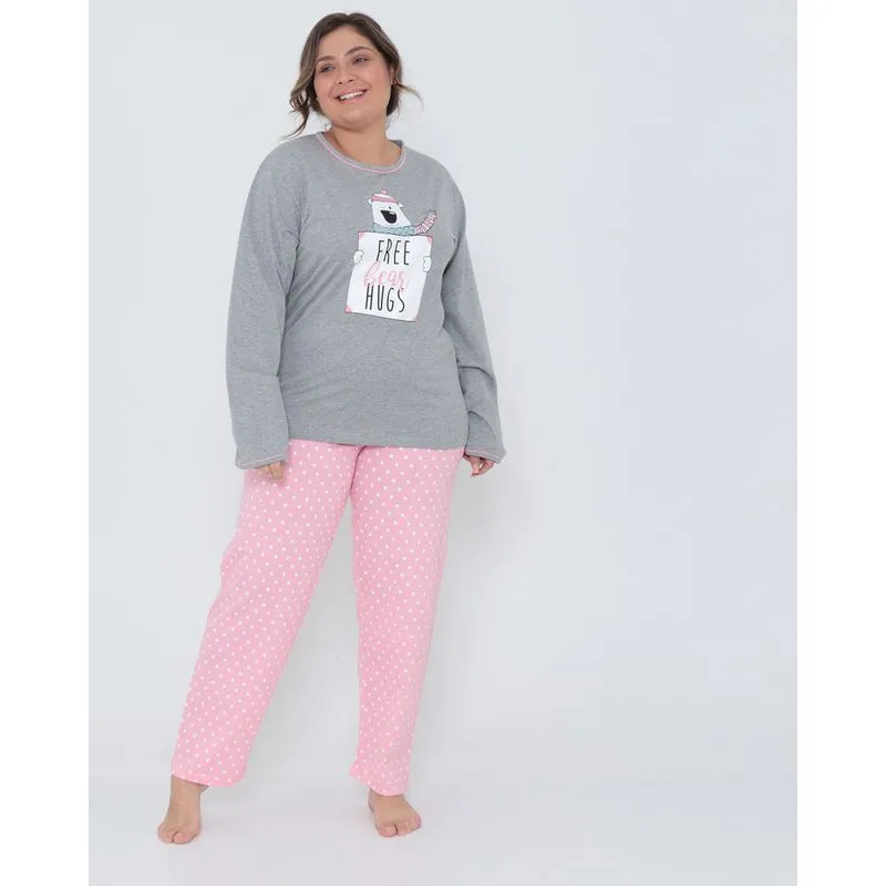 Pijama Feminino Plus Size Estampa Frontal Cinza 48