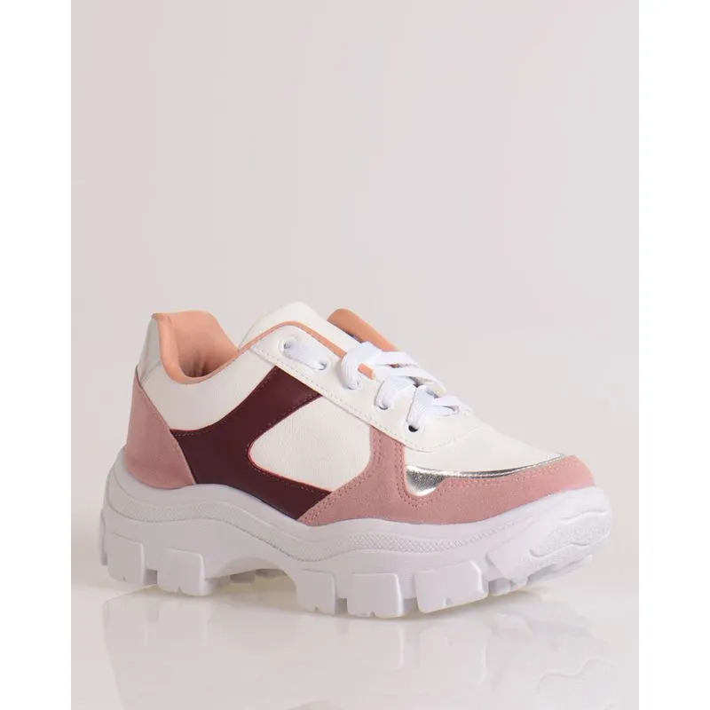 Tênis Feminino Chuncky Sneaker Recortes Rosê e Branco 37