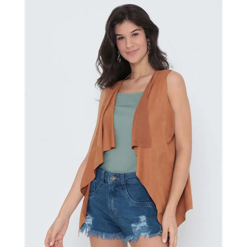 Colete Feminino Babado Suede Marrom P