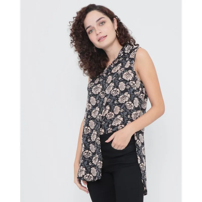 Camisa Alongada Floral Preta GG