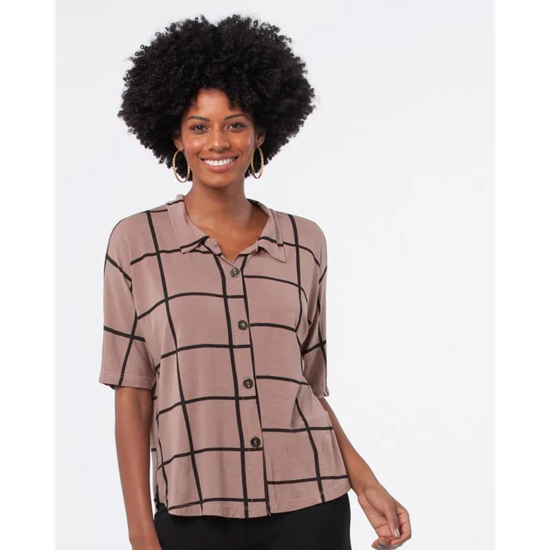 Camisa Feminina Manga Curta Estampa Quadriculada Marrom G
