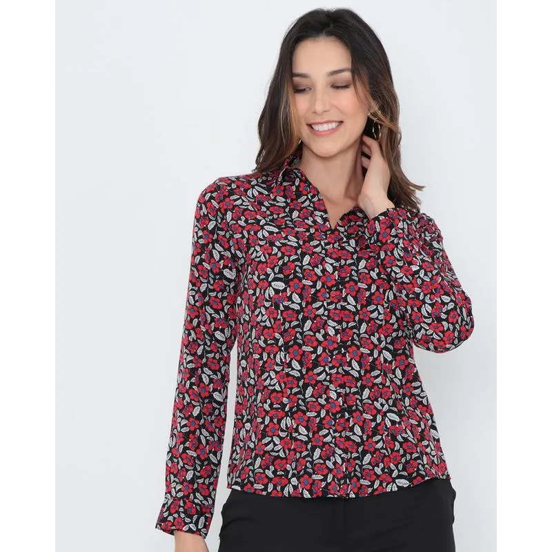 Camisa Feminina Crepe Floral Preta GG