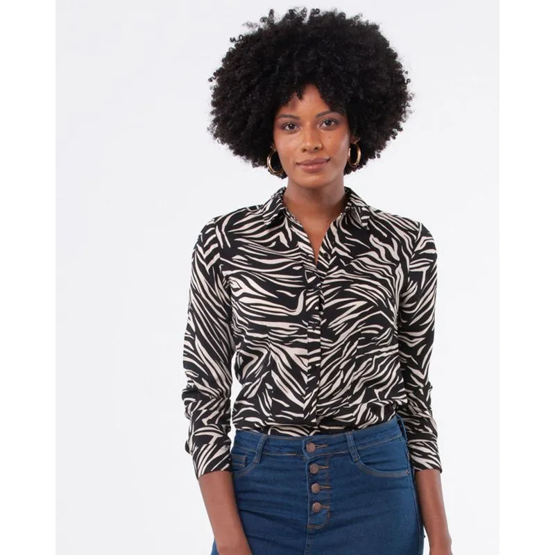 Camisa Feminina Crepe Animal Print Zebra Preta M