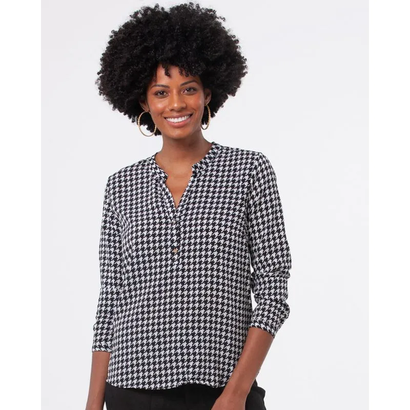 Camisa Feminina Manga Longa Estampa Pied De Poule Preta G