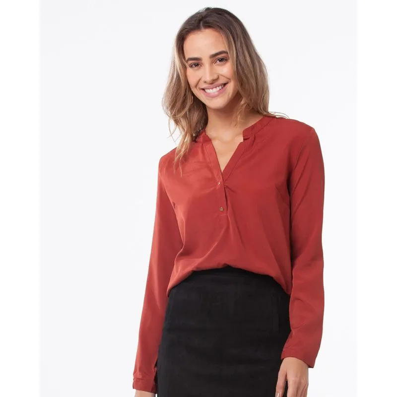 Camisa Feminina Manga Longa Decote V Marrom P