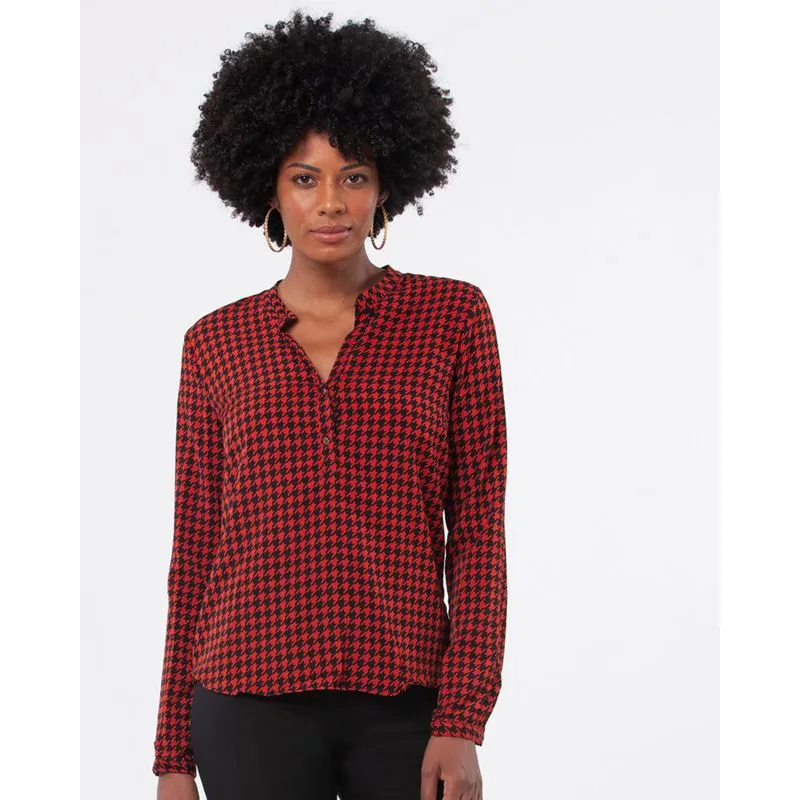 Camisa Feminina Manga Longa Estampa Pied De Poule Vermelha GG