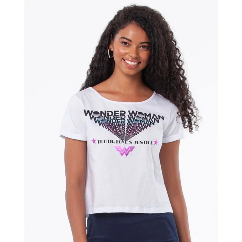 Camiseta Feminina Malha Cropped Mulher Maravilha Dc Comics Branco P