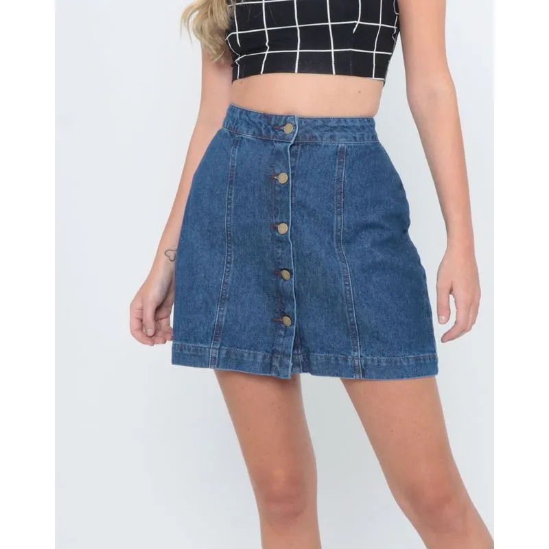 Saia Jeans Feminina com Botões Recortes Azul 40
