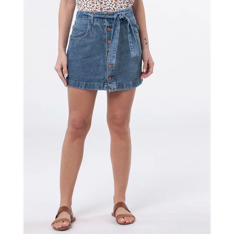 Saia Jeans Botões Cinto Nó Azul 46