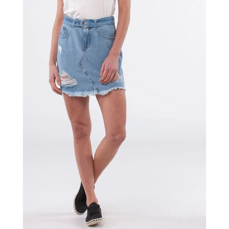 Saia Jeans Destroyed Desfiada Azul Claro 36