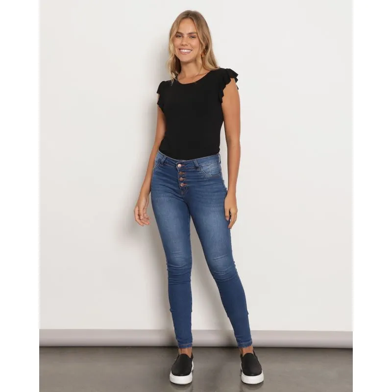 Calça Jeans Feminina Levanta Bumbum Skinny Botões Azul 44