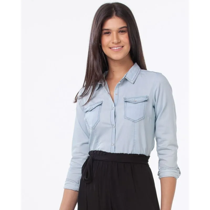 Camisa Jeans Feminina Bolsos Azul Claro P