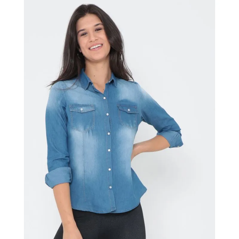 Camisa Jeans Feminina Bolsos Azul M