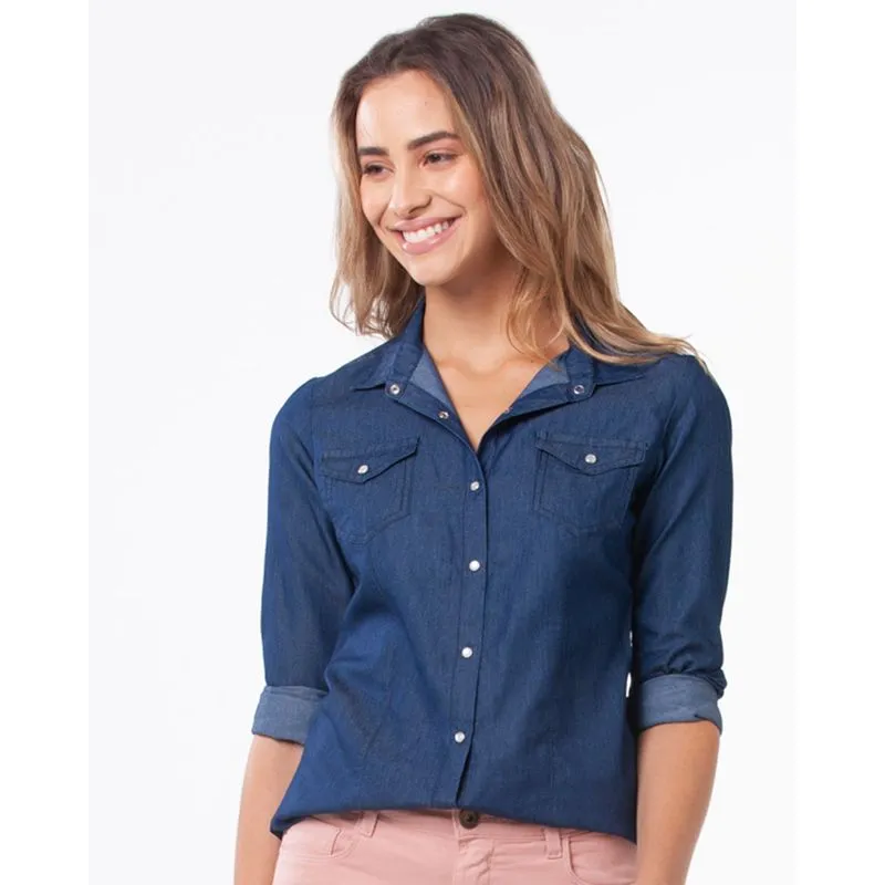 Camisa Jeans Feminina Bolsos Azul Escuro P
