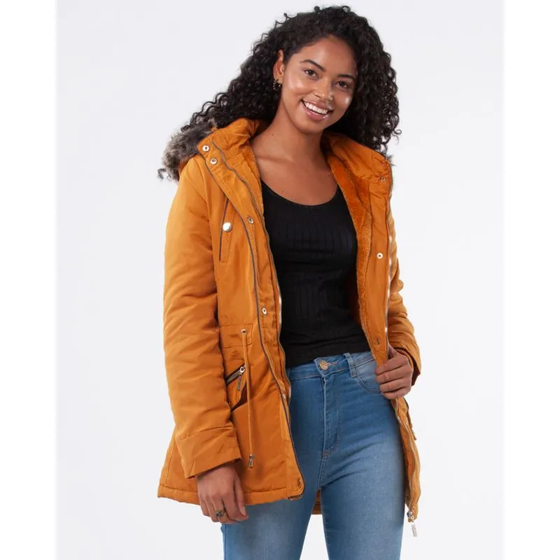 Jaqueta Parka Feminino Capuz Com Pelo Mostarda GG
