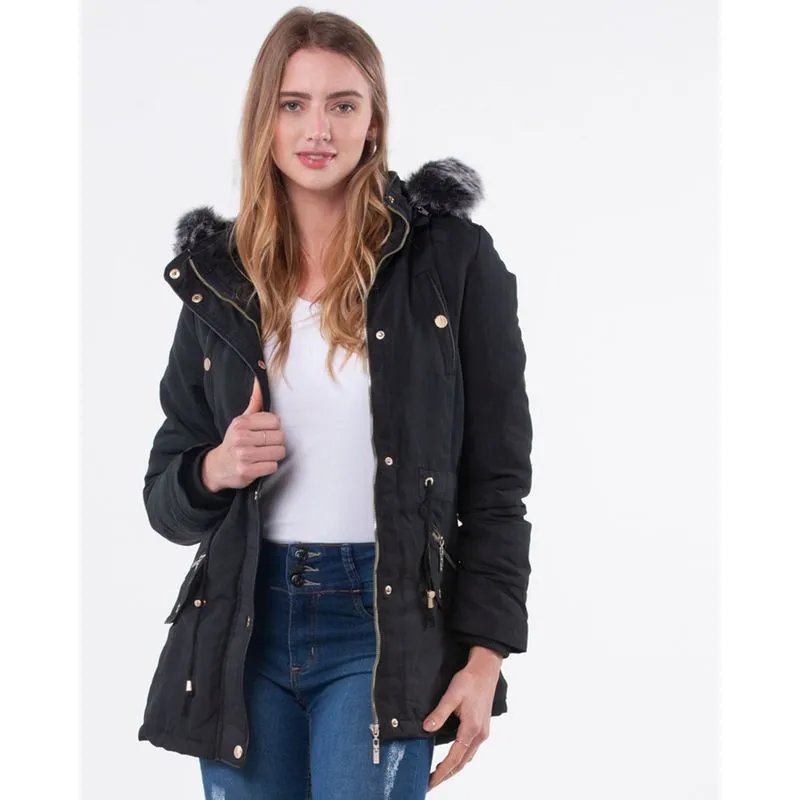 Jaqueta Parka Feminino Capuz Com Pelo Preto G