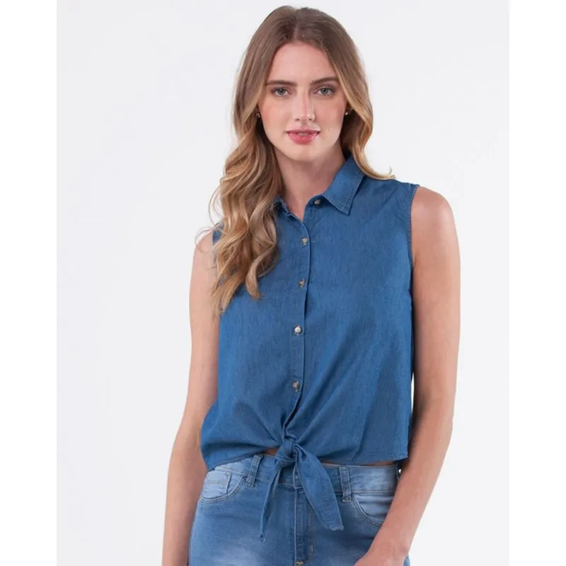 Camisa Jeans Tiras Amarração Azul G