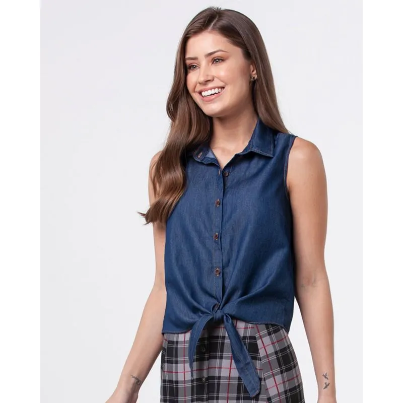 Camisa Jeans Tiras Amarração Azul Escuro G