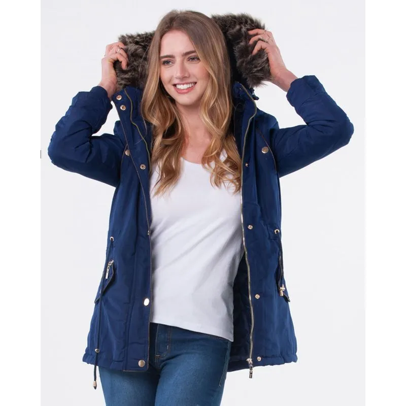 Jaqueta Parka Feminino Capuz Com Pelo Marinho GG