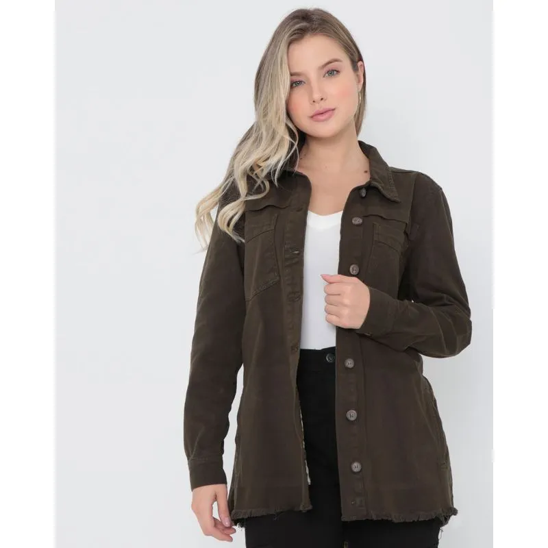 Jaqueta Parka Feminina Sarja Botões Verde Militar G