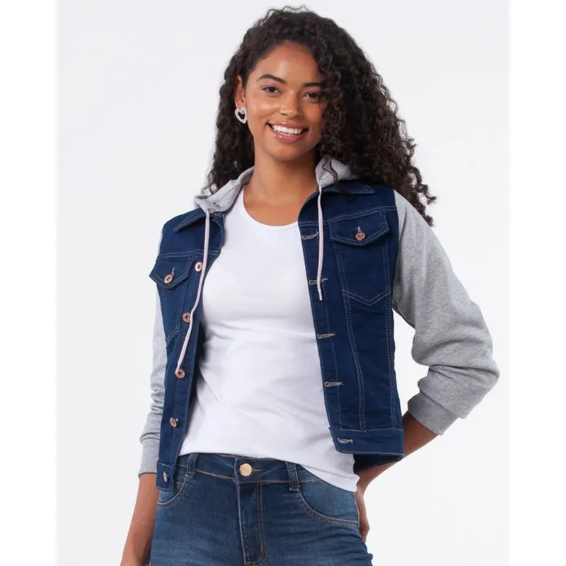 Jaqueta Jeans Feminina Com Capuz de Moletom Cinza P