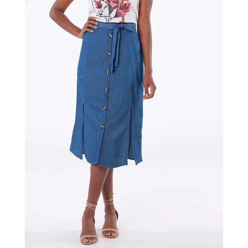 Saia Jeans Feminina Midi Botões Evasê Azul P