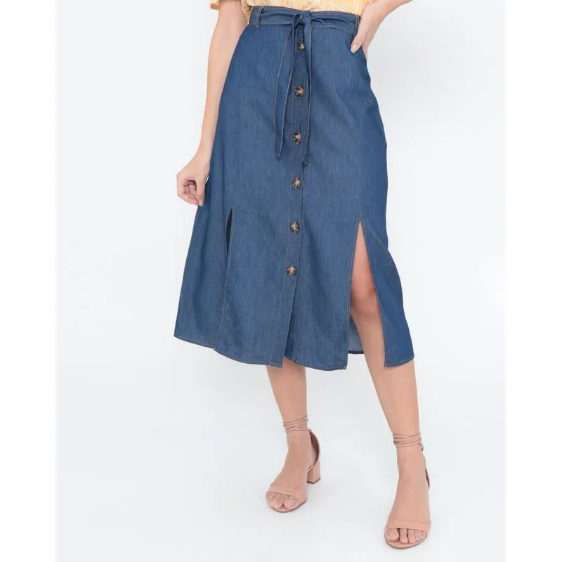 Saia Jeans Midi Com Botões Azul Escuro P