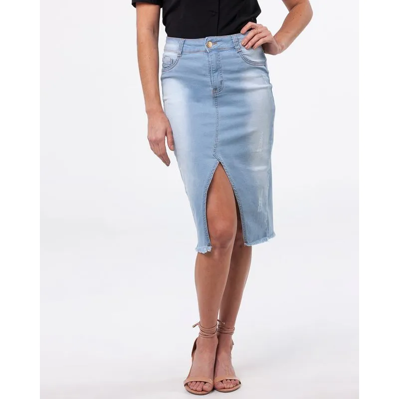Saia Jeans Desfiada Fenda Azul Claro 42