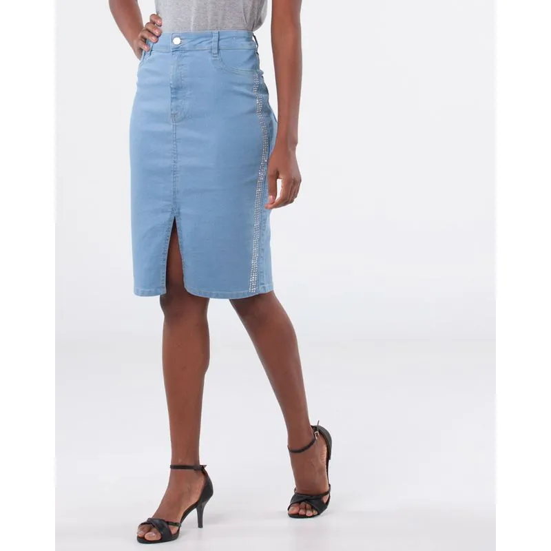 Saia Jeans Midi Fenda Azul Claro 40