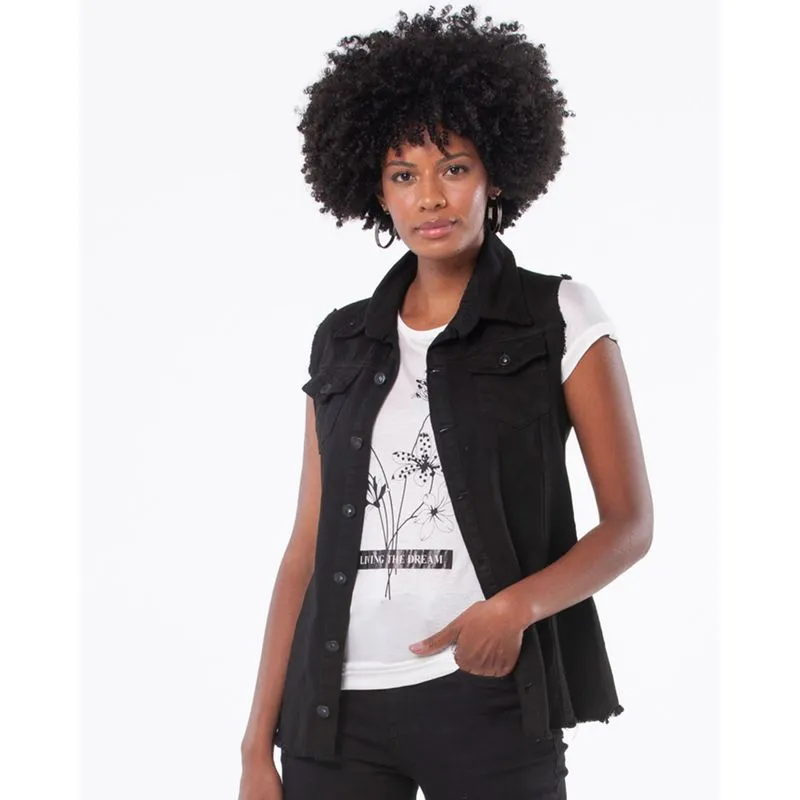 Colete Feminino Sarja Desfiado Botões Preto P