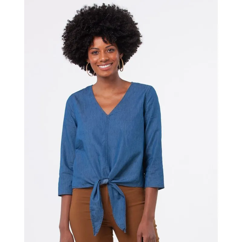 Camisa Jeans Feminina Manga 3/4 Amarração Azul Claro GG