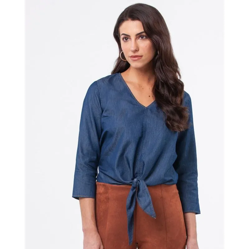 Camisa Jeans Feminina Manga 3/4 Amarração Azul M