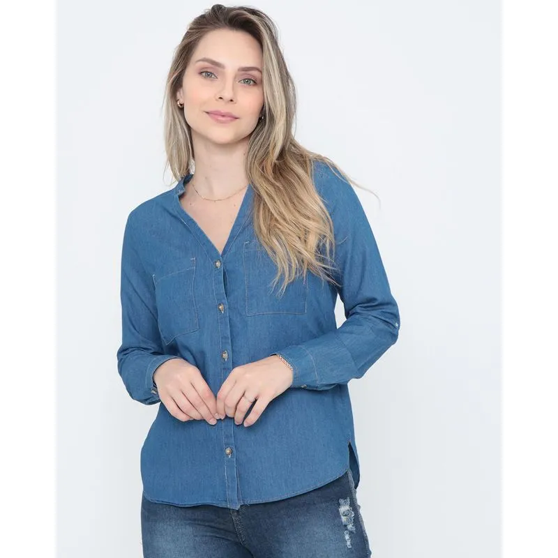Camisa Jeans Feminina Básica Azul Claro M